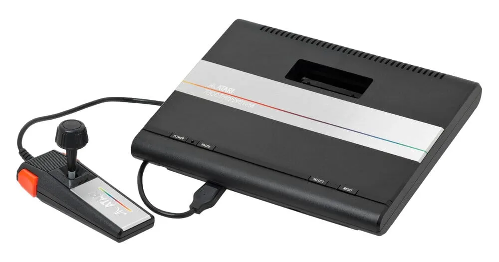 Atari 7800 console with joystick showing the DB9 connector, compatible with the Suzo Arcade Joystick