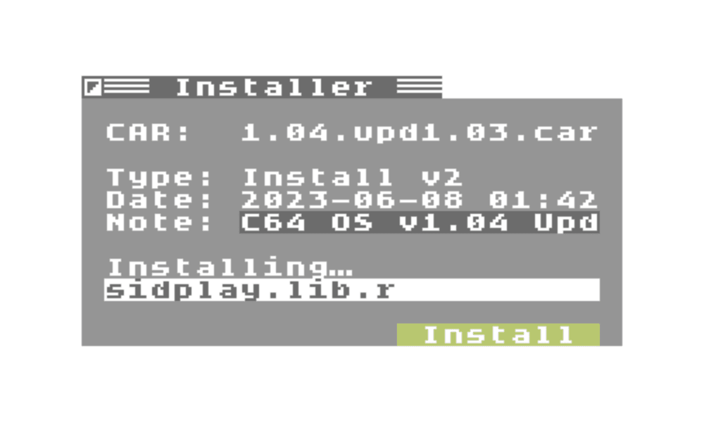 C64 OS utility installer screen showing the setup interface