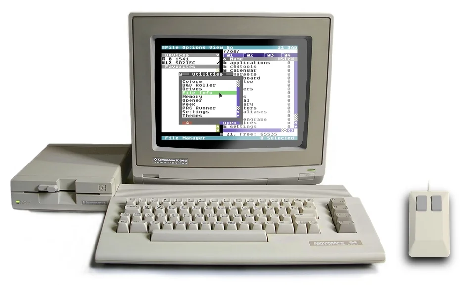 C64C running C64 OS, showing the graphical interface on screen