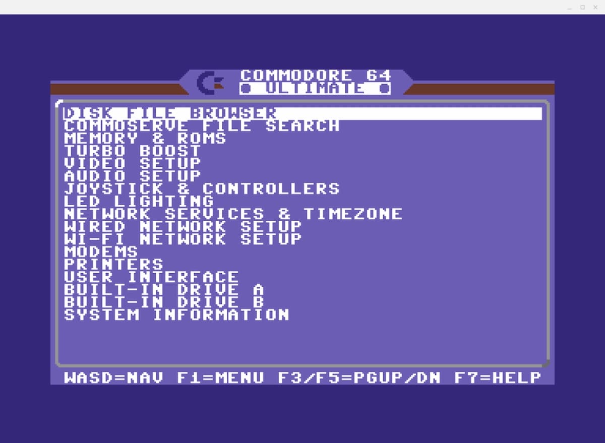 Commodore 64C Ultimate software interface showing the built-in file browser and menu system