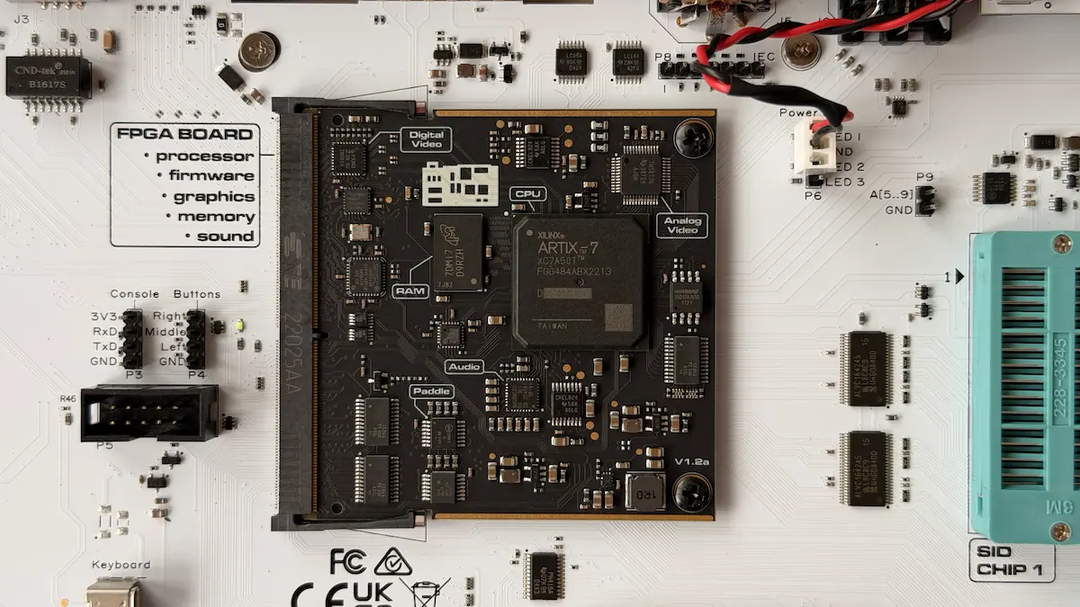 Commodore 64C Ultimate FPGA mainboard with AMD Xilinx Artix-7 and dual SID chip sockets