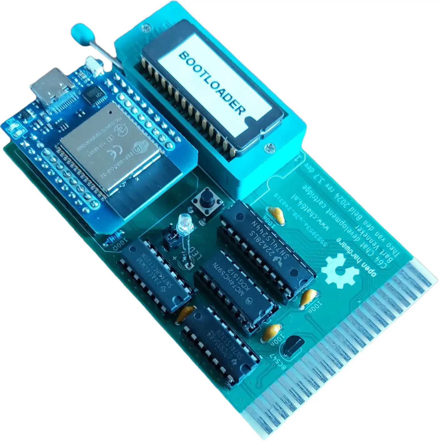 Chat64 PCB showing the ROM chip and ESP microcontroller for Wi-Fi