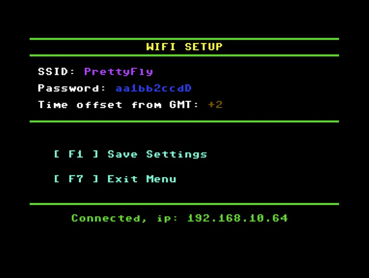Chat64 Wi-Fi setup screen on the Commodore 64
