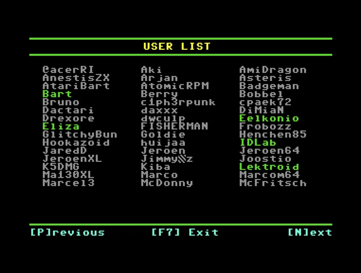 Chat64 active user list on the Commodore 64