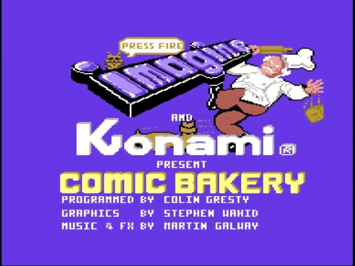 Comic Bakery title screen on the Commodore 64, featuring Martin Galway's iconic cheerful music
