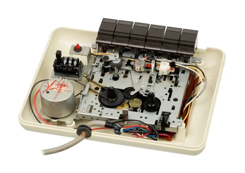 Inside view of the Commodore Datasette showing the tape mechanism