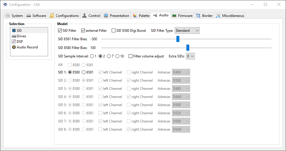 Denise emulator audio configuration panel for SID chip settings