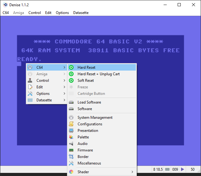 Denise emulator main configuration menu with emulation options