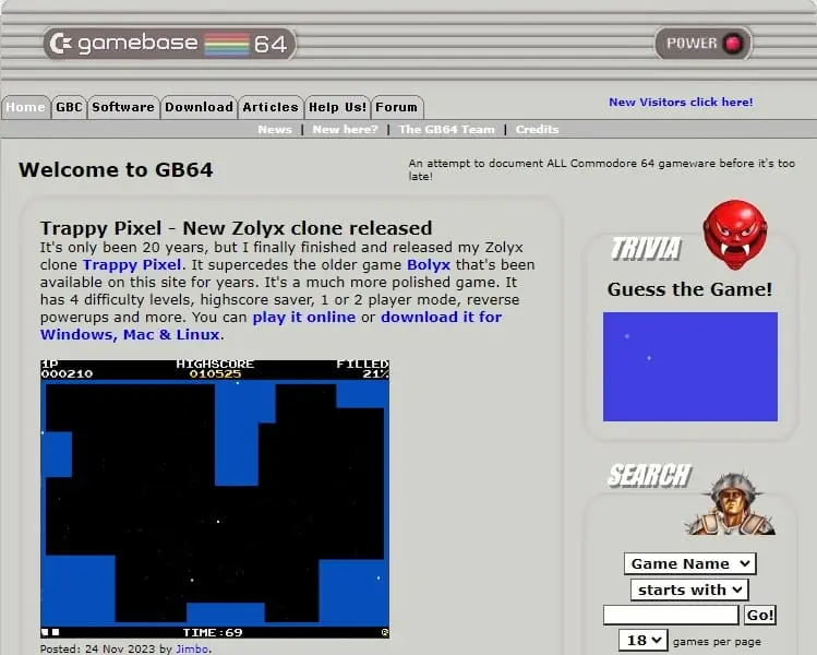 GameBase64 browsing interface with game list and screenshots