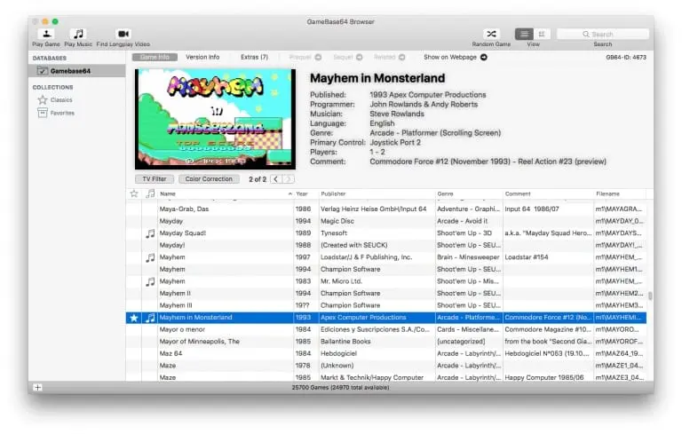 GameBase64 main interface showing the Commodore 64 games database