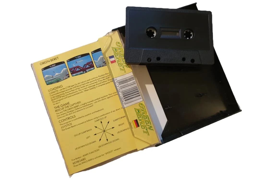 Green Beret original cassette inlay with game instructions and controls for the Commodore 64 version