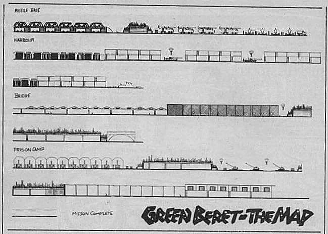 Green Beret Commodore 64 level map — complete layout of stage one with enemy positions marked