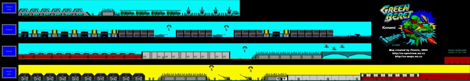 Green Beret C64 level map — full stage map showing the route, enemy placements and paratrooper drop zones