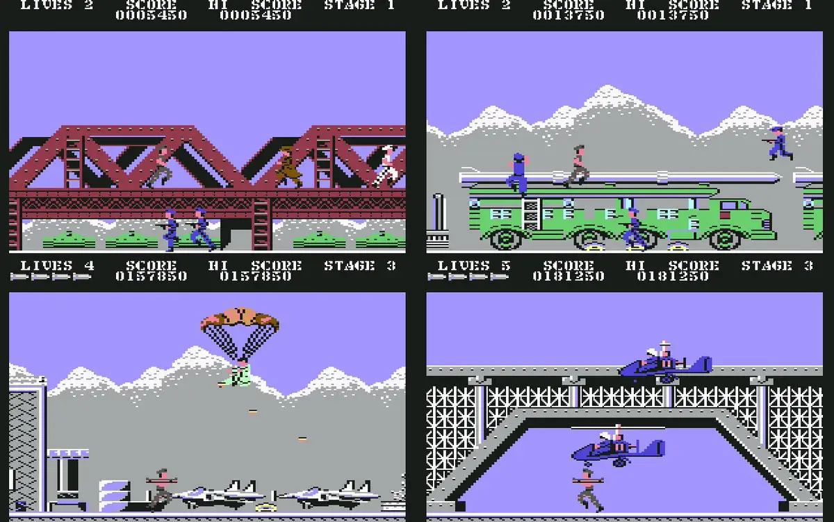 Green Beret C64 — compilation of screenshots from multiple stages of the game