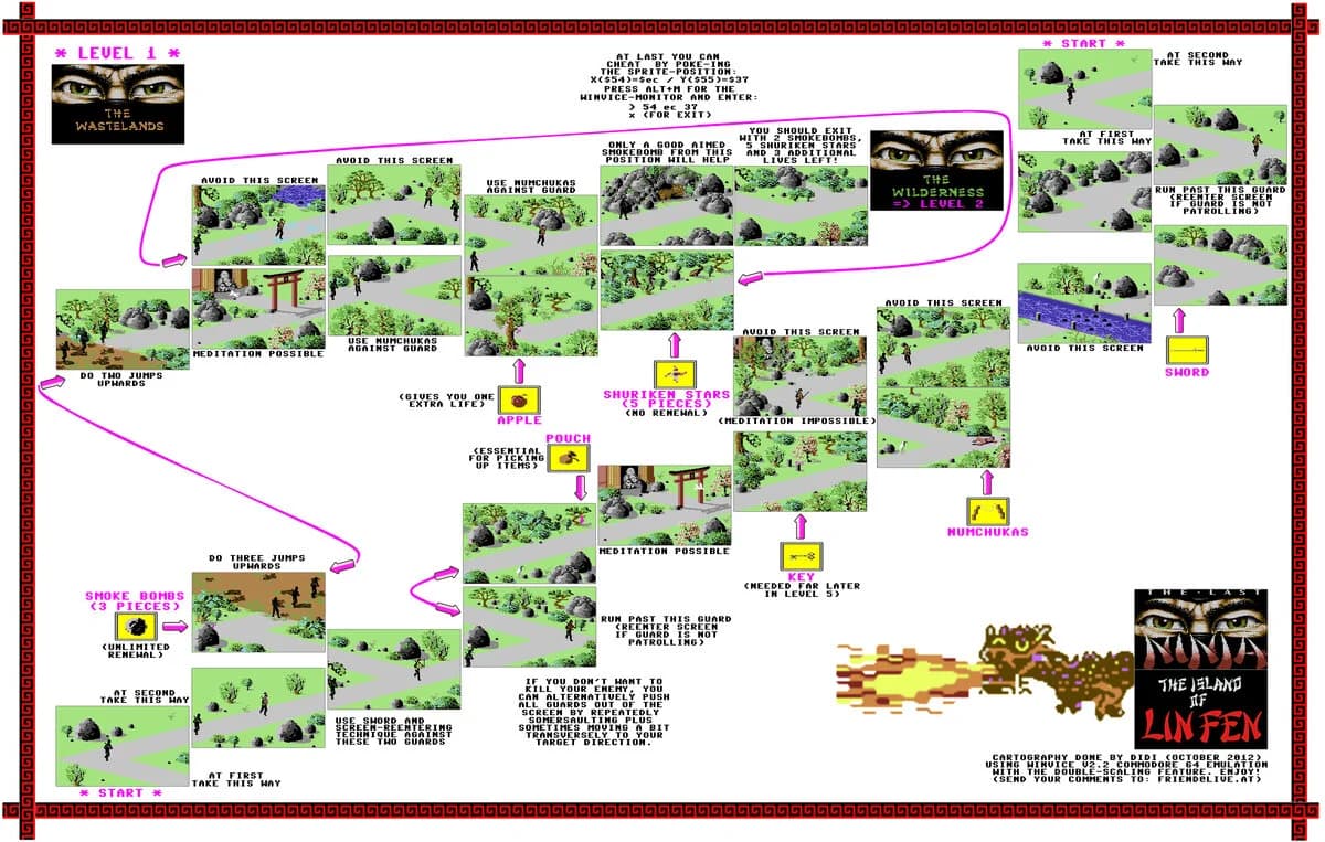 The Last Ninja level 1 map — The Wastelands, all paths and items marked