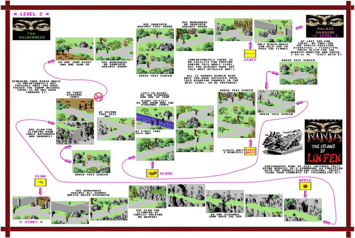 The Last Ninja level 2 map — The Wilderness, rooms and exits marked