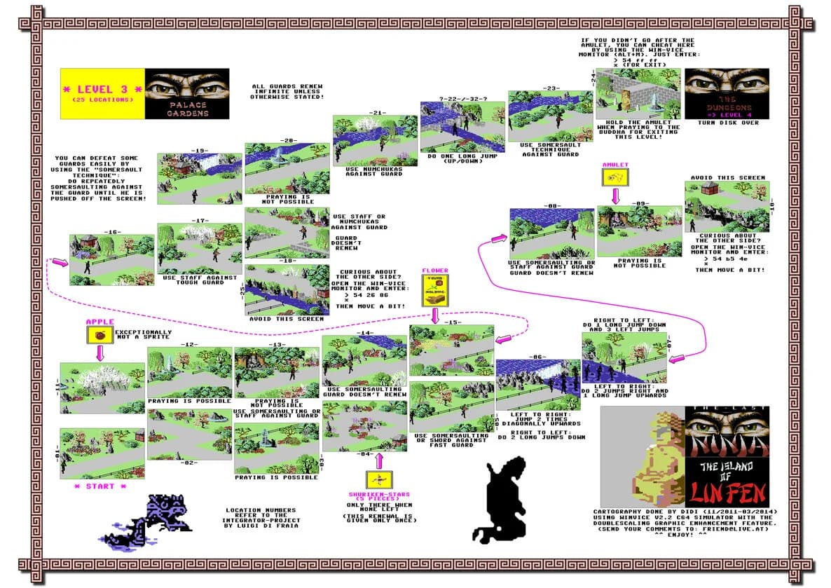 The Last Ninja level 3 map — The Palace Gardens, item locations shown