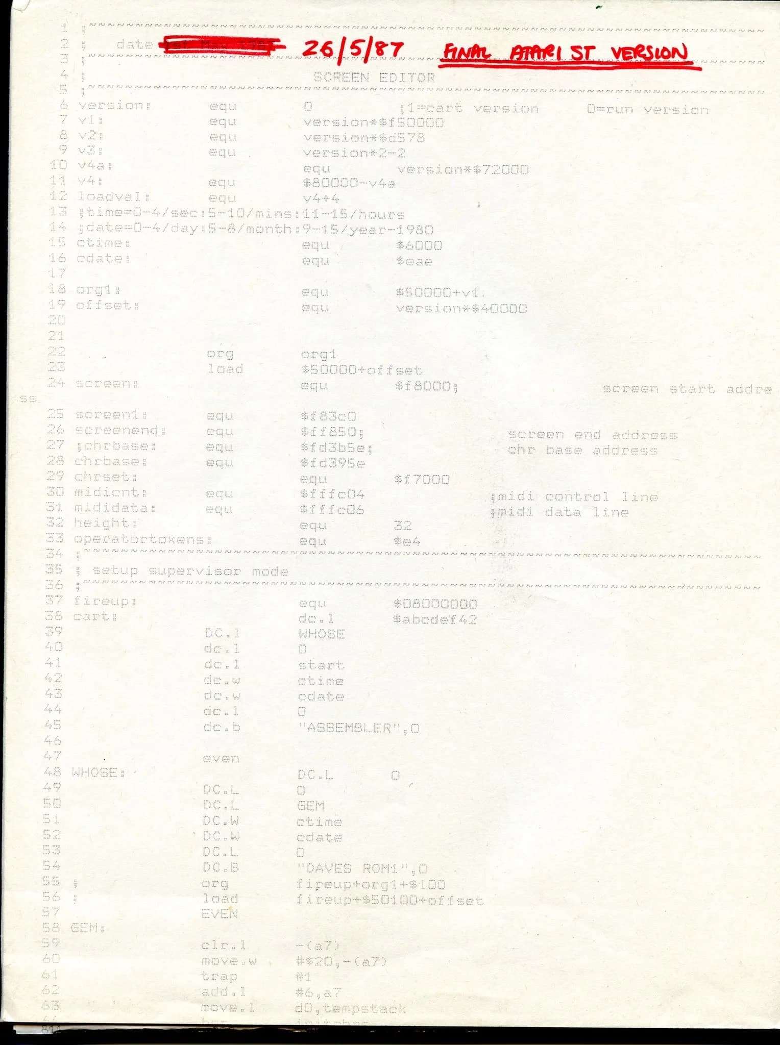 Martin Galway original assembly source code listing dated 26 May 1987, showing SCREEN EDITOR code with SID register addresses