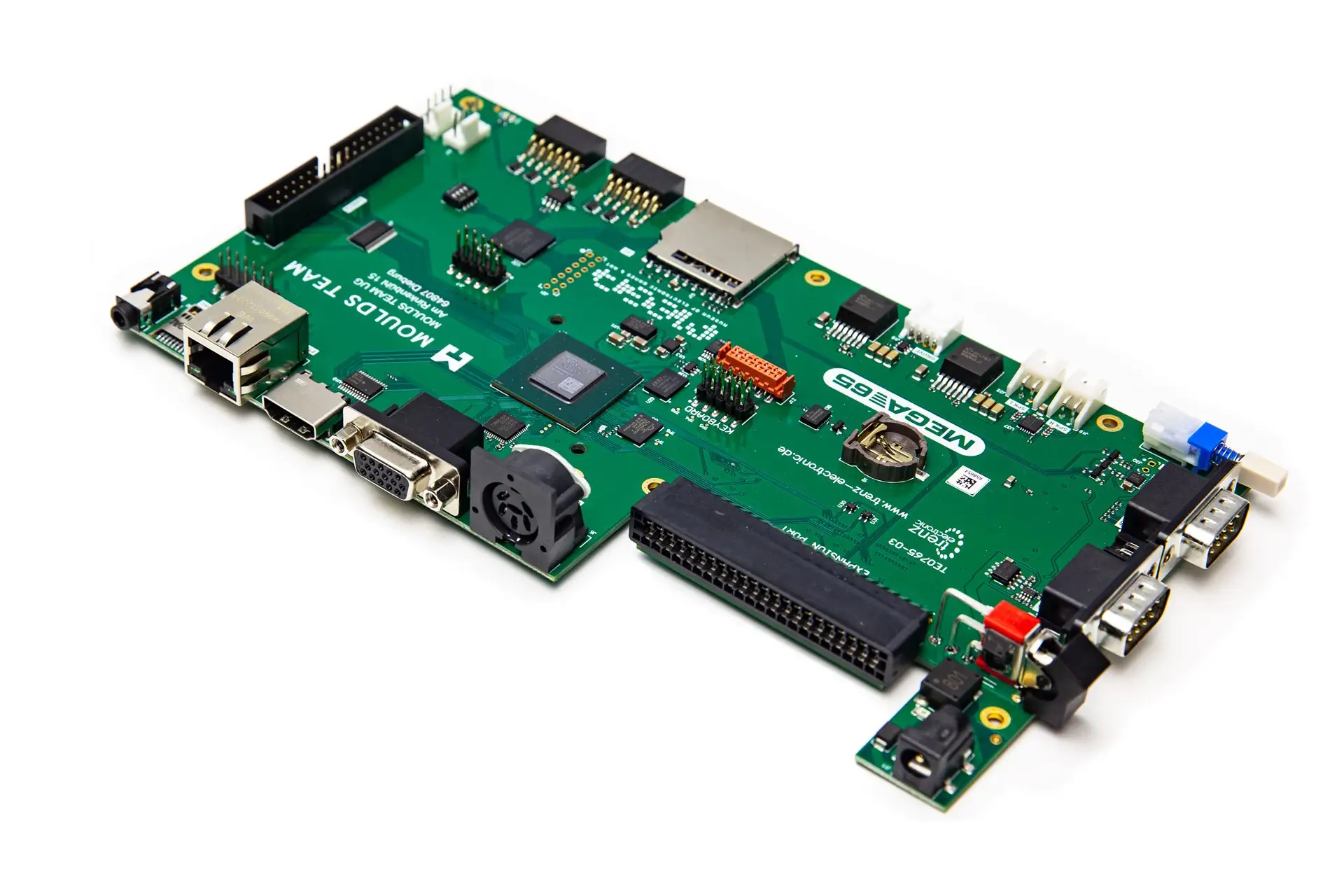 MEGA65 Rev3 PCB showing the Xilinx Artix-7 FPGA and supporting chips
