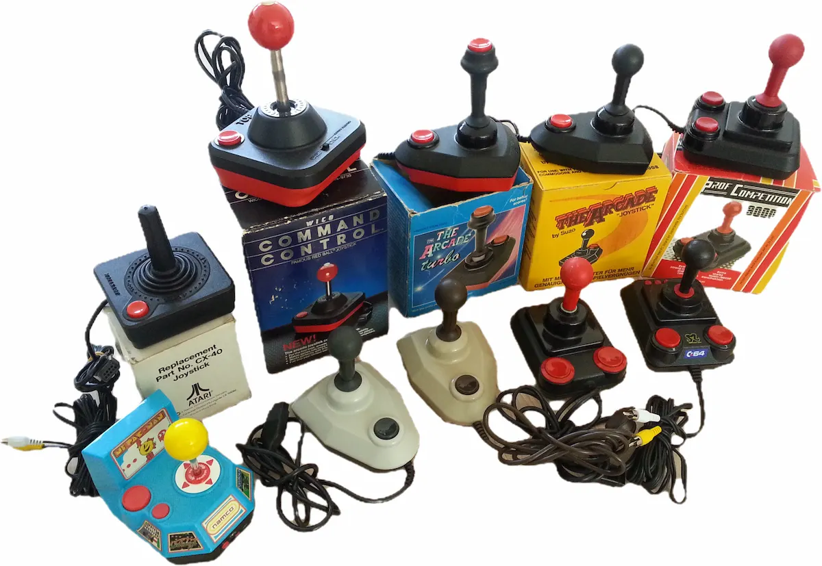 A personal collection of Suzo Arcade joysticks showing multiple colour variants side by side