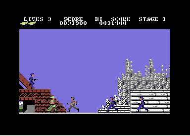 Green Beret animated gameplay — soldier fighting through enemy base on the Commodore 64