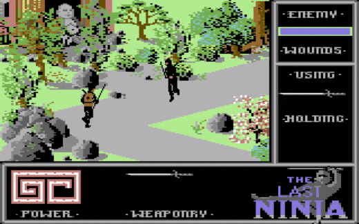 The Last Ninja animated gameplay — Armakuni moving through an isometric level on the Commodore 64